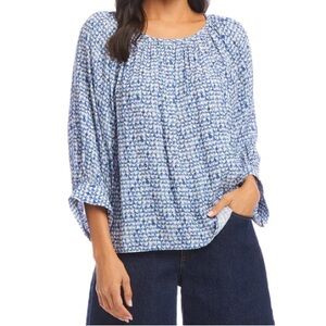 Karen Kane Blue & White Patterned Peasant Blouse NWT